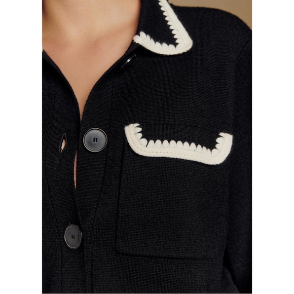 SEZANE Black Merino Wool Knit Collared Betty Cardigan w/ White Crochet Details - Picture 8 of 17